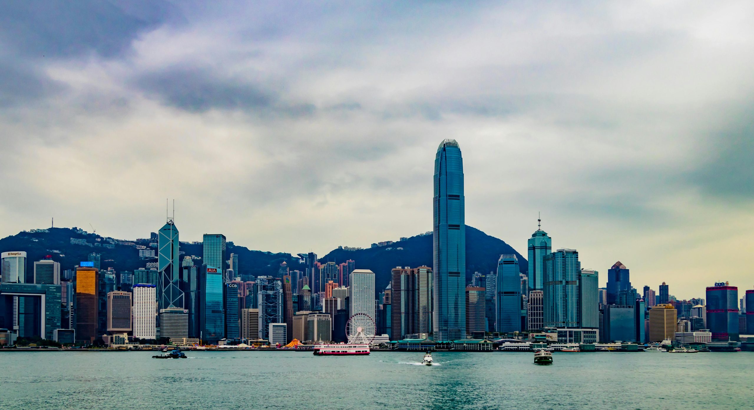 Stunning view of Hong Kong's skyline from Kowloon at sunset, featuring modern skyscrapers.