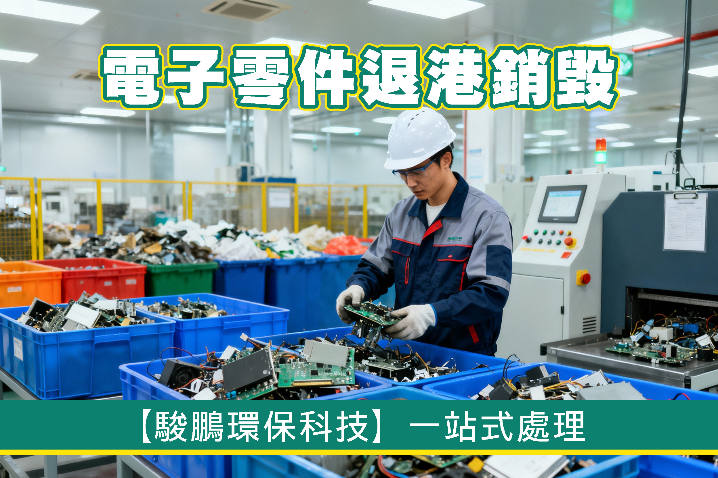 身穿工作服的員工正在處理電子零件回收程序