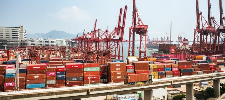A bustling scene of cargo containers and cranes at a Hong Kong port, showcasing global trade.