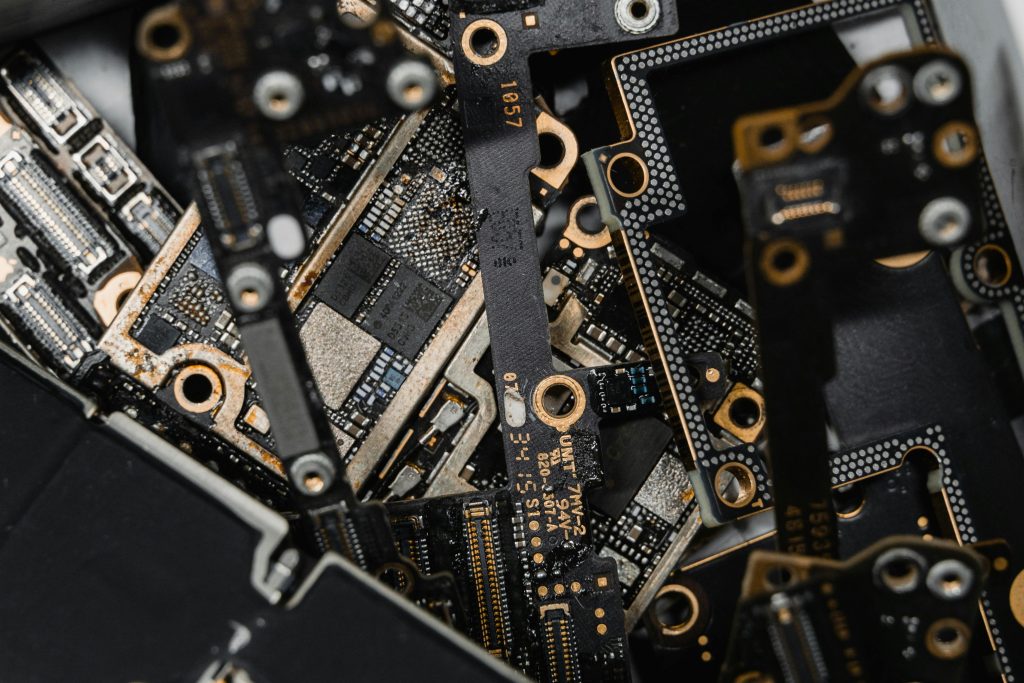 A detailed close-up of assorted electronic circuit board components.